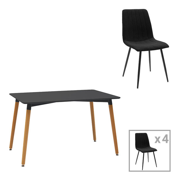 Трапезна маса NATALY-NOOR комплект 5 бр mdf черен-естествени крака 120x80x76см