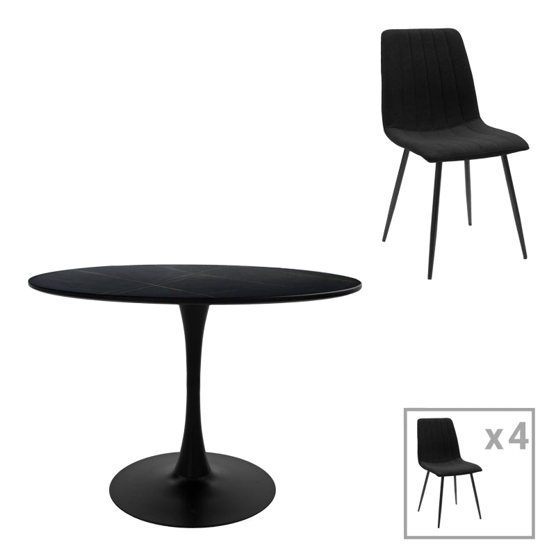 Трапезна маса BALOU-NOOR комплект от 5 mdf черна-черна материя d120x73см