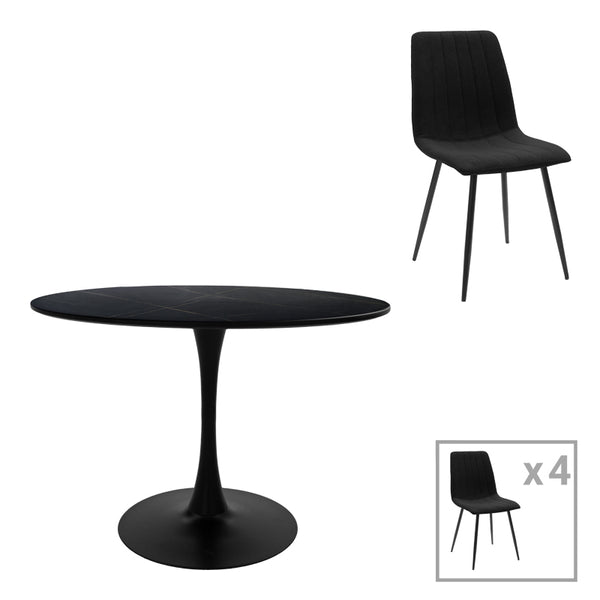 Трапезна маса BALOU-NOOR комплект от 5 mdf черна-черна материя d120x73см