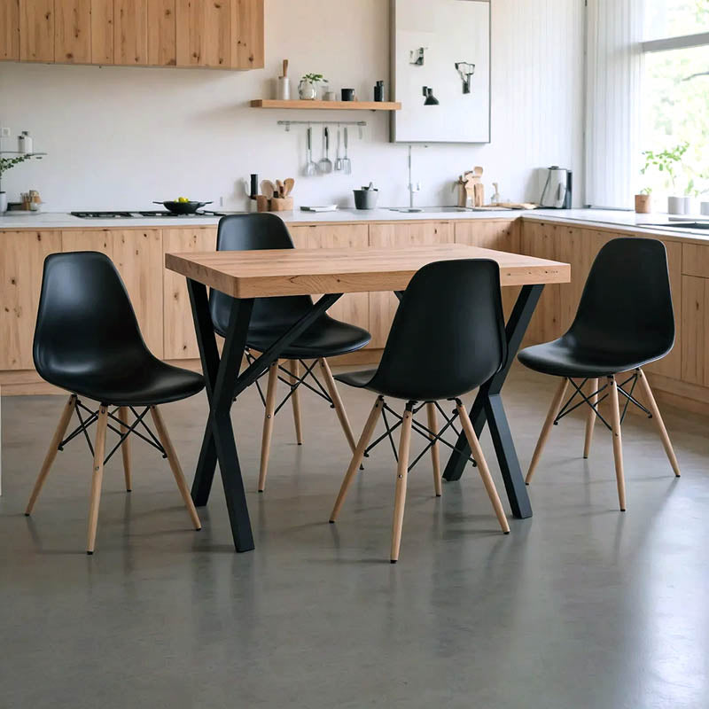 Трапезария с черни столове Julita и маса Zeryin от дъб 110x70x75см, комплект от 5 части