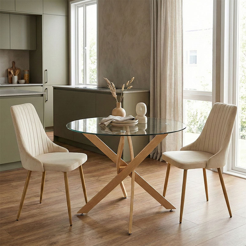 Трапезария със столове Azori бежови и маса Antoro стъкло φ80x75см комплект 3 части