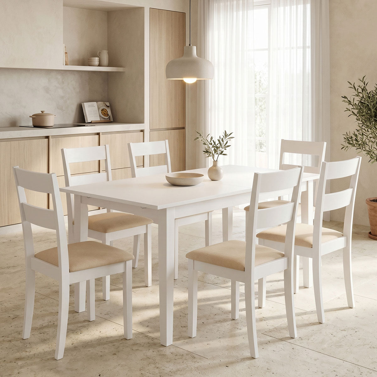 Комплект за хранене dallan mabor 7 части бяло каучуково дърво 120-150x80x73.8 см