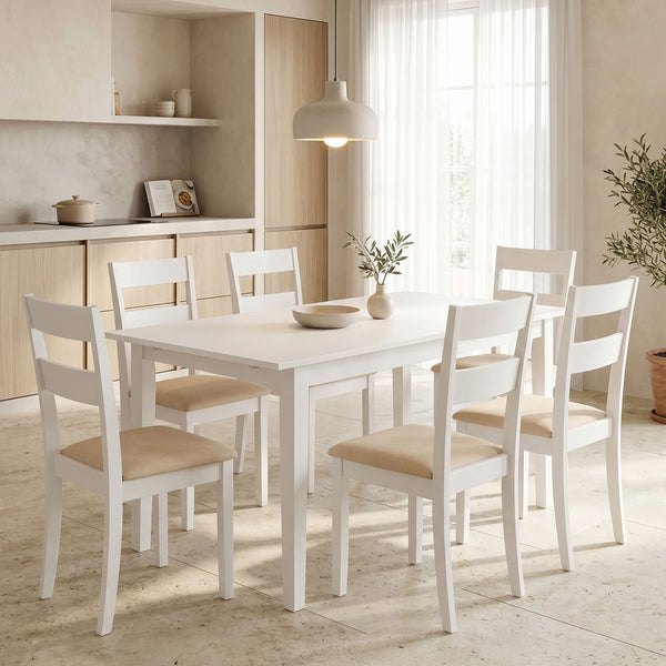 Комплект за хранене DALLAN-MABOR  7 части бяло каучуково дърво 120-150x80x73.8 см