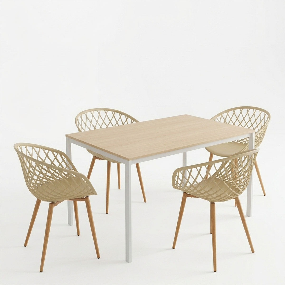 Трапезна маса с подлакътници ezra cappuccino и маса faragio бяла с естествен нюанс 120x75x75см комплект от 5 части