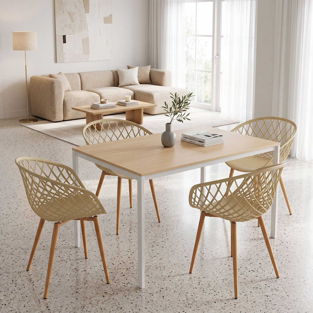 Трапезна маса с подлакътници ezra cappuccino и маса faragio бяла с естествен нюанс 120x75x75см комплект от 5 части