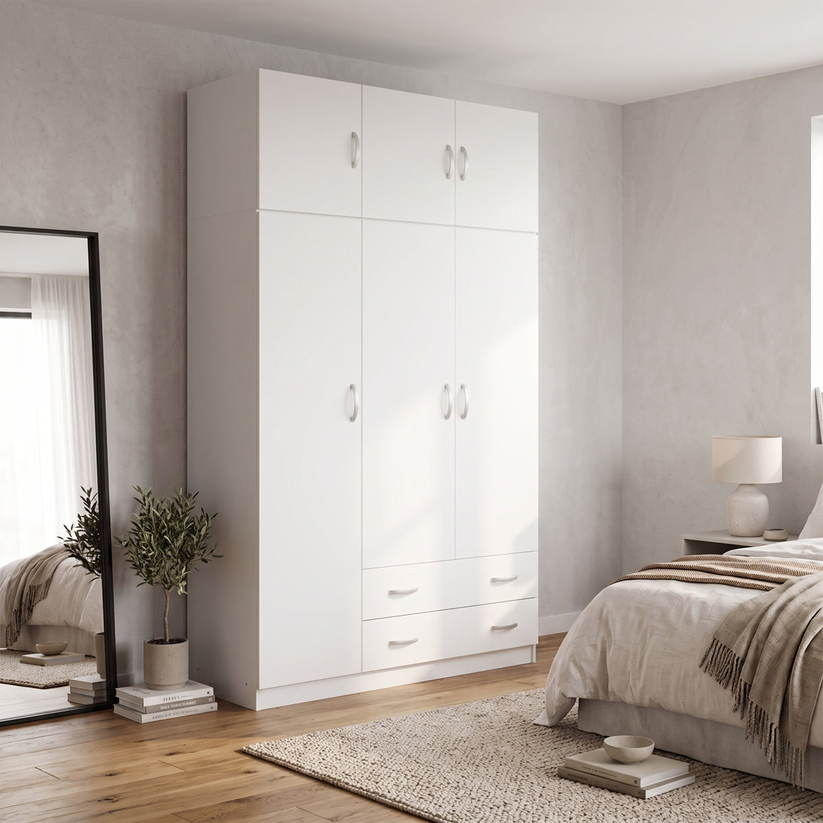 Гардероб с три врати и горно място за съхранение alvia бял 150x51x240см