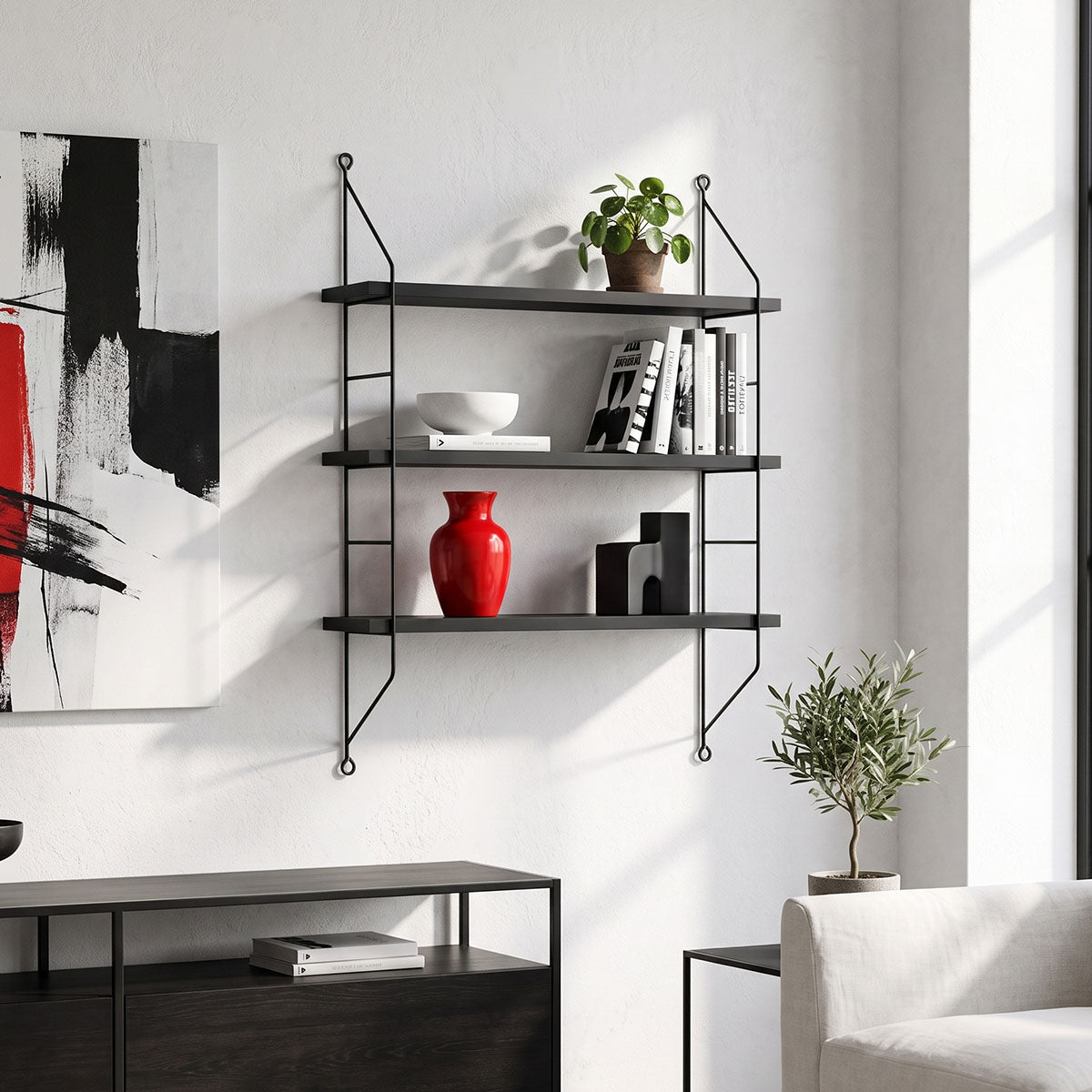 Стенен рафт VENDER антрацит с черен метал 60x15x70см