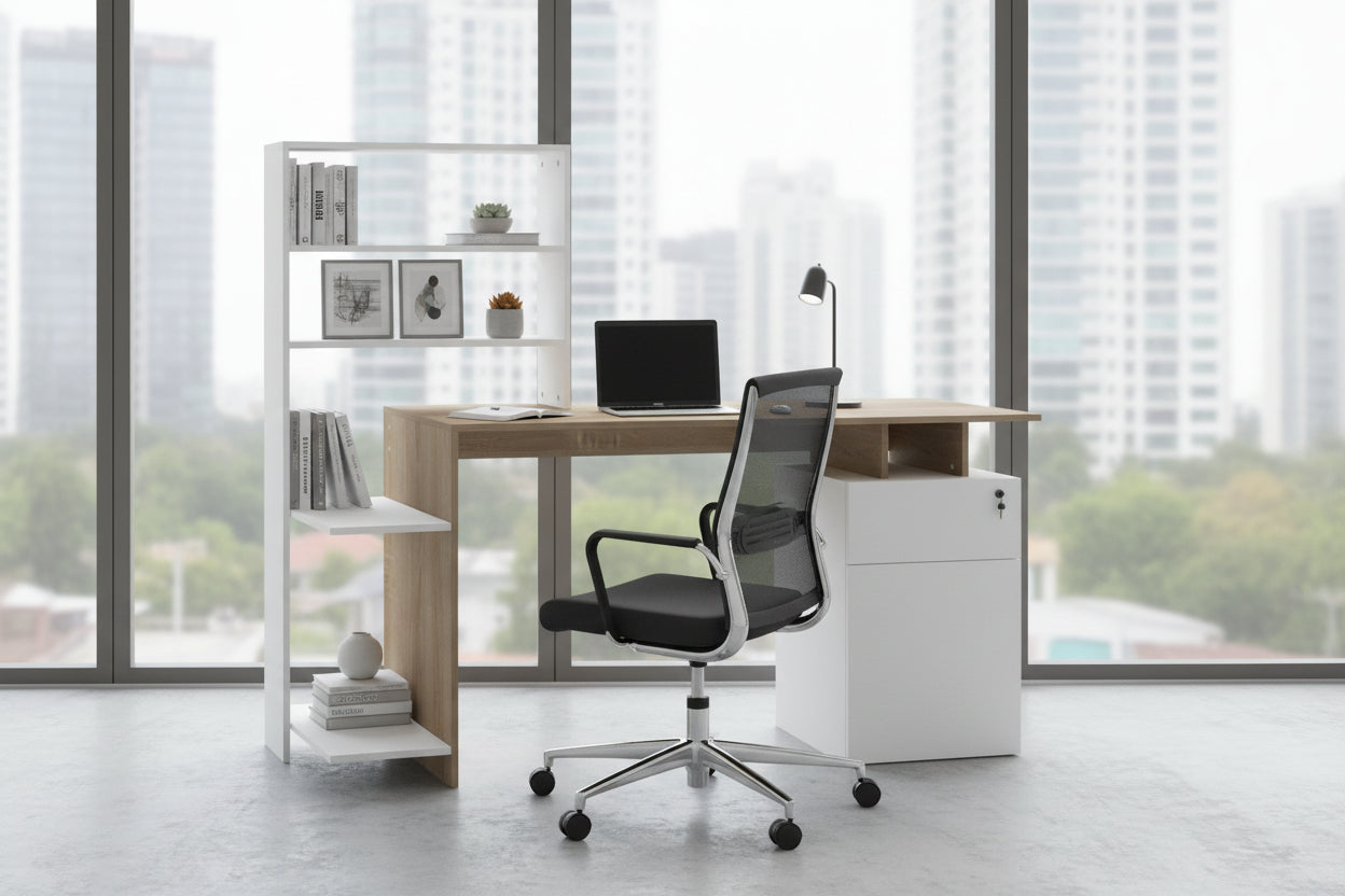 Офис бюро с рафт и шкаф Meza в цвят sonoma-бял 146.3x55x128.8см