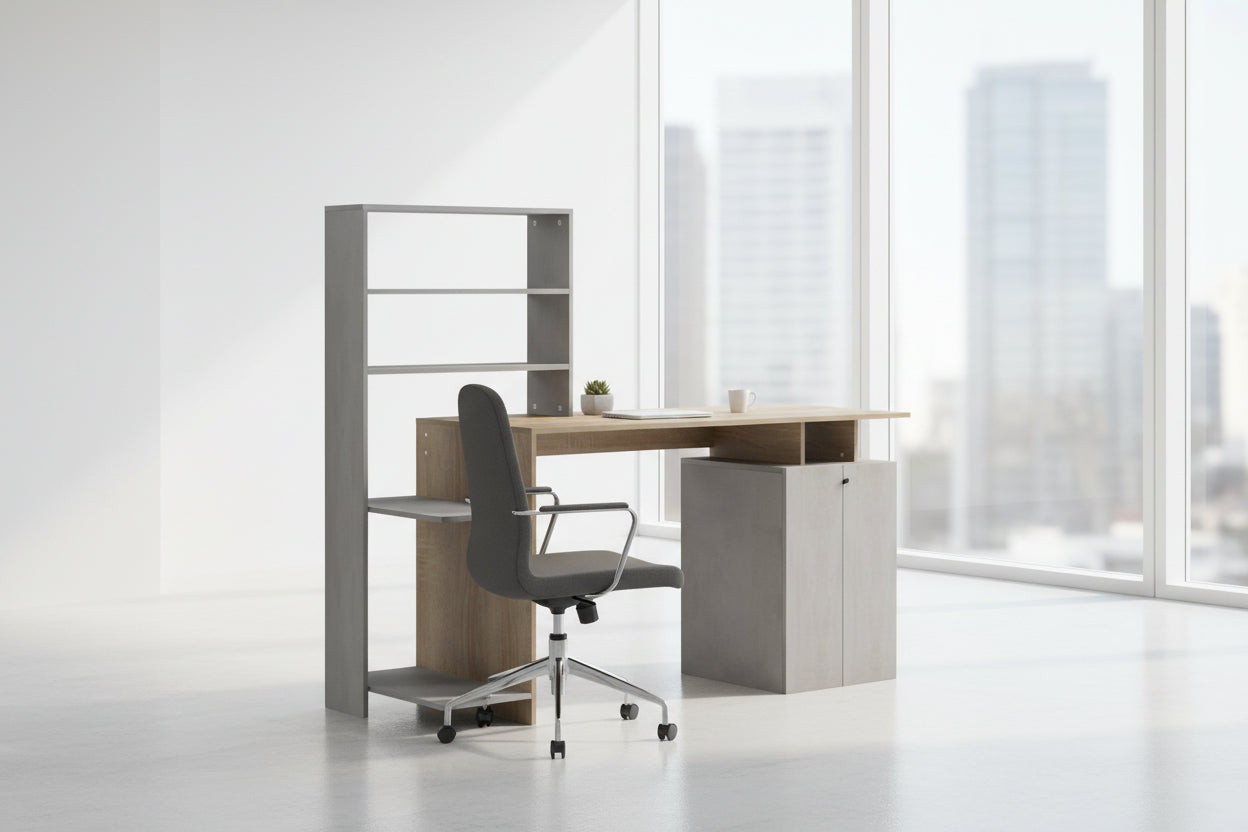 Офис бюро с етажерка и шкаф Meza в цвят сонома-сив цимент 146.3x55x128.8cm