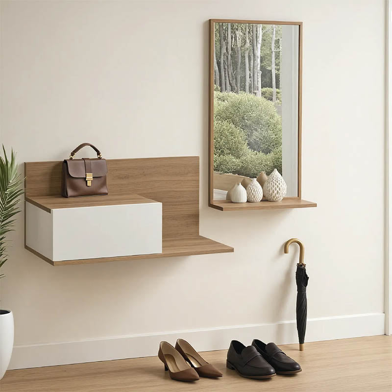 Мебел за антре Miranda с огледало в нюанс бял/ дъб 60x30x89.5см