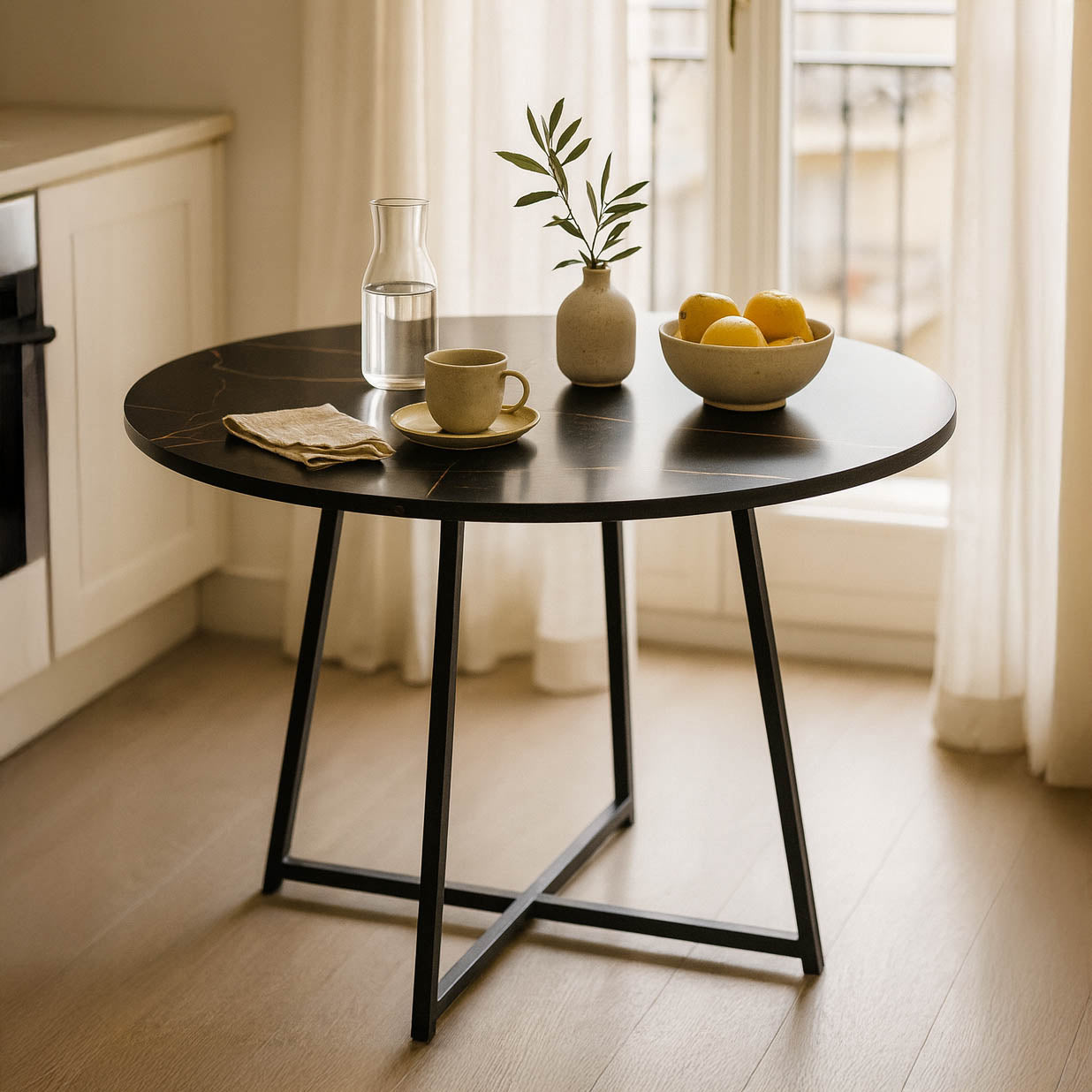 Маса  Sarah с цвят черен мрамор с черни метални крака d100x76см