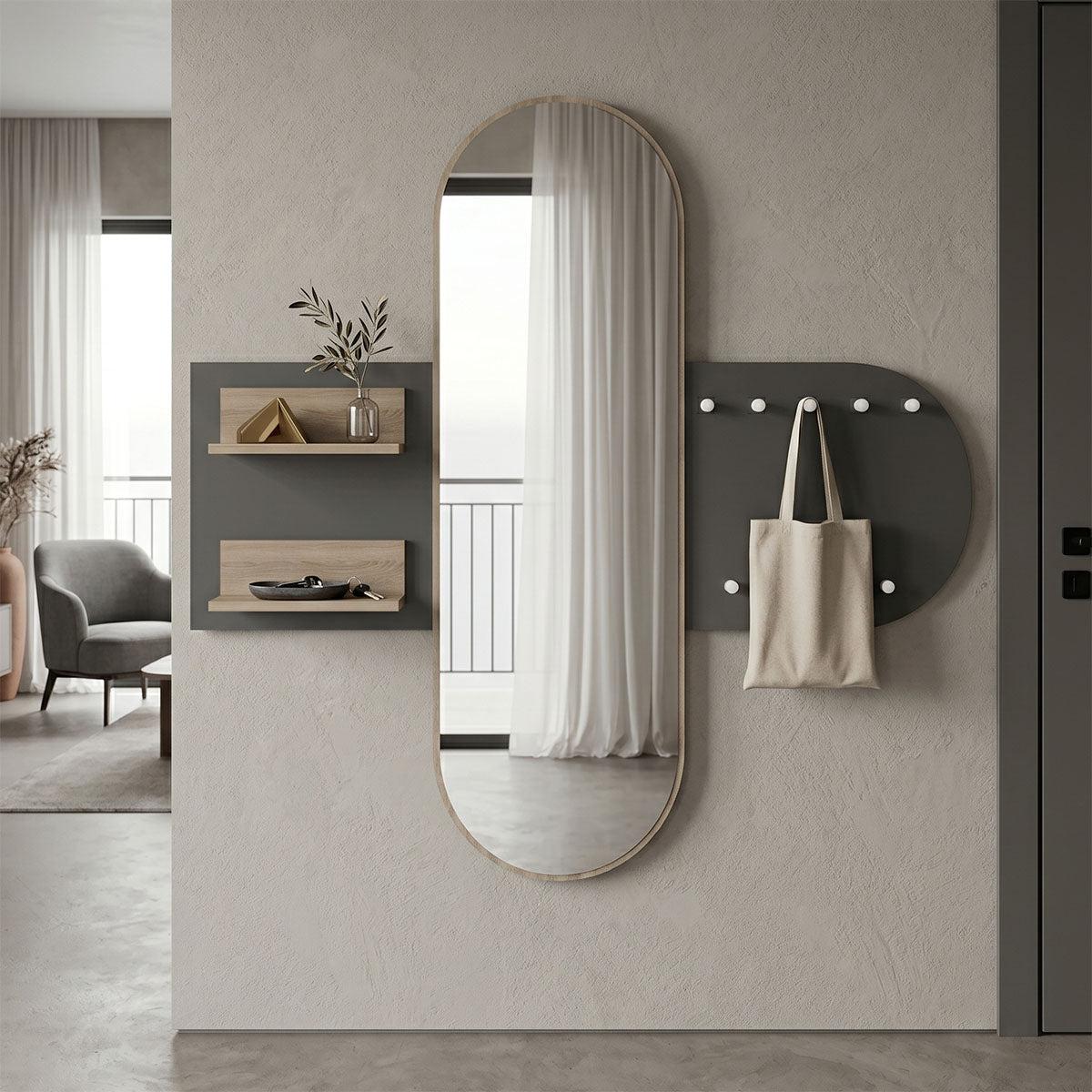 Закачалка за палта с огледало BAUNTY сонома-антрацит 125x11x122см