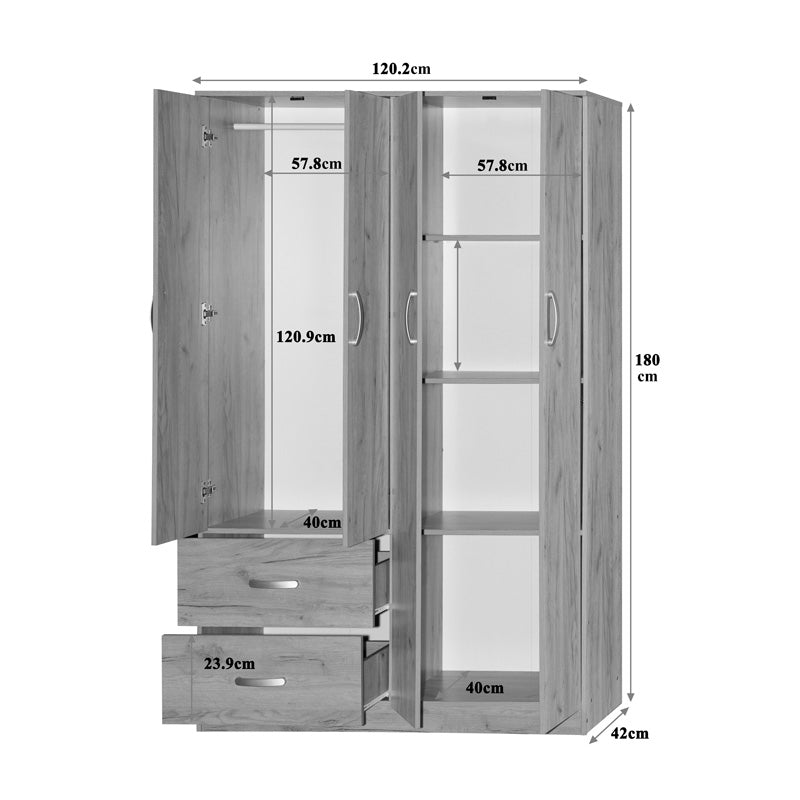 Четирикрилен гардероб с надстройка  Zelia с 2 чекмеджета от дъб 120x42x240см