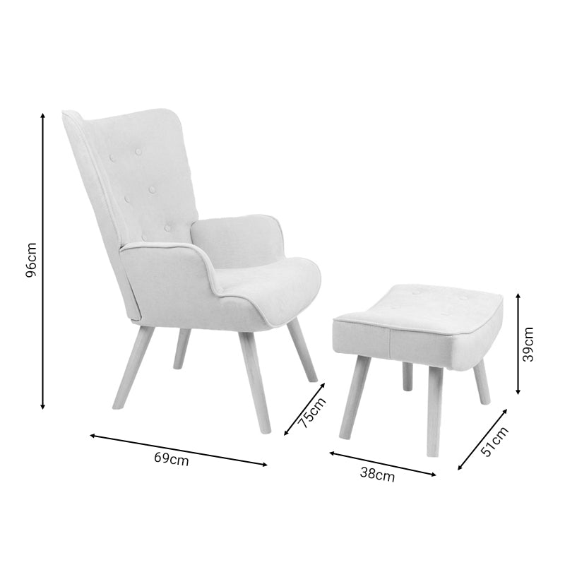 Фотьойл с табуретка Vivienne кадифе плат сиво-естествен крак 75x69x96см