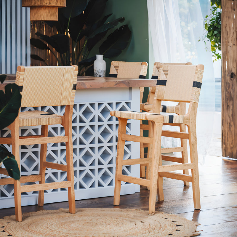 Бар стол Julien естествено каучуково дърво-естествено-черно въже 45x46x95см