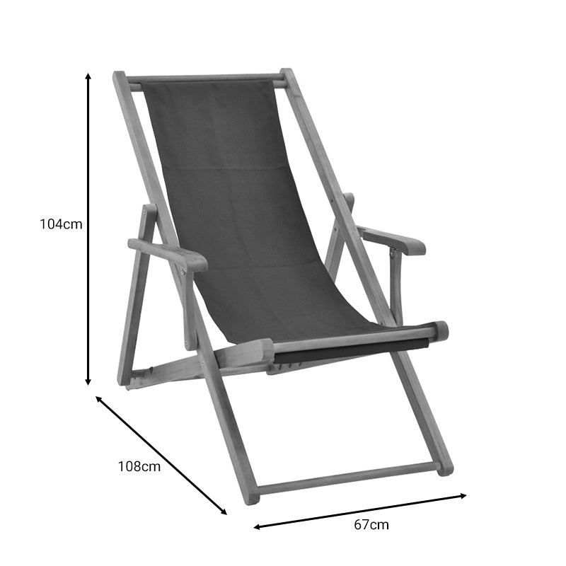 Шезлонг Xurian акациево дърво естествен плат pvc черен 108/67/104см