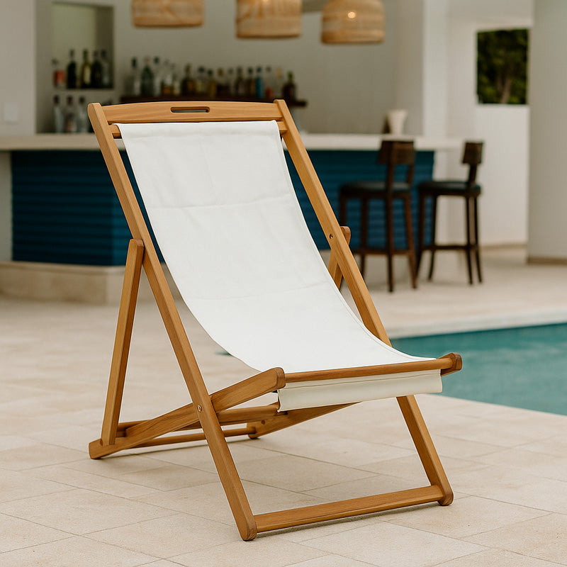 Шезлонг Franclow акациево дърво естествен плат pvc бял 108/66/105