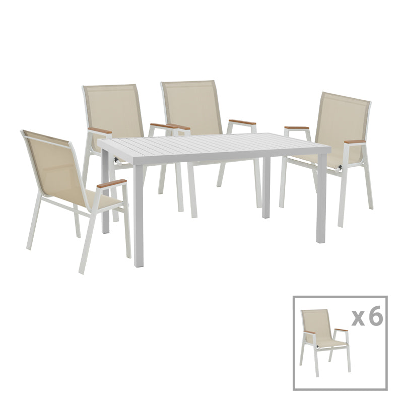 Трапезен комплектAZELIE  от 7 части -сив плат-бял алуминий 150x80x74см