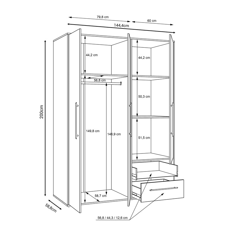 Гардероб Razol 3 врати бяло-сонома меламин 144.5x59x200см