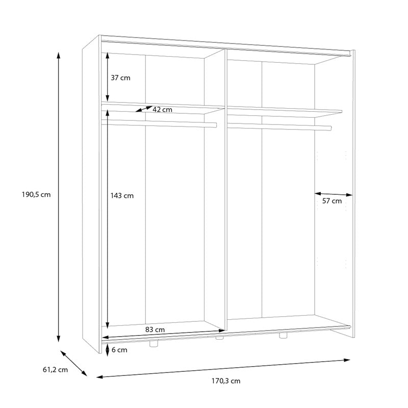 Гардероб NOEZ 2 врати с рафтове в бял цвят 170.5x61x190.5см