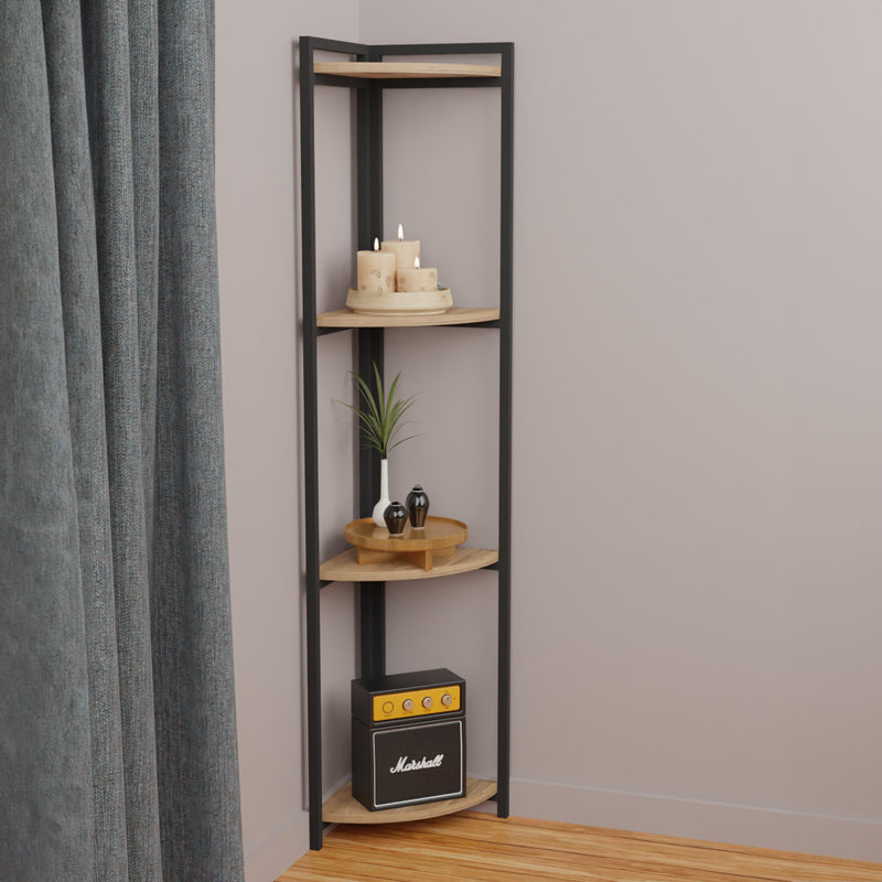 Подова ъглова етажерка Byrk дъб меламин-черен метал 30x30x160см