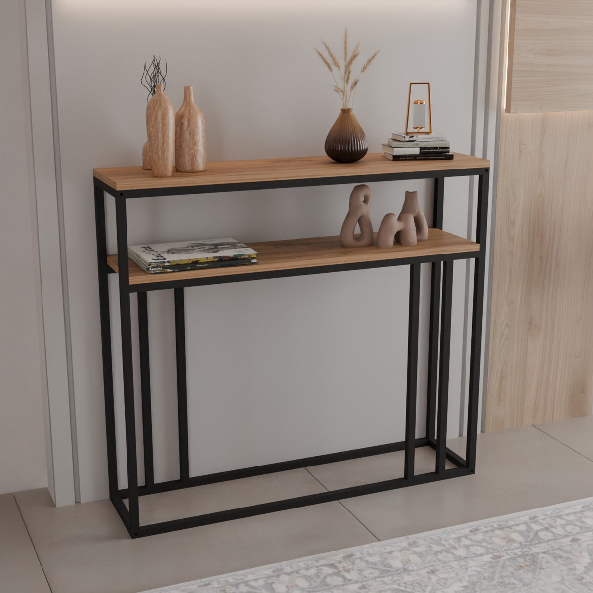 Конзола daleti в цвят дъб с черна метална рамка 100x25x90см