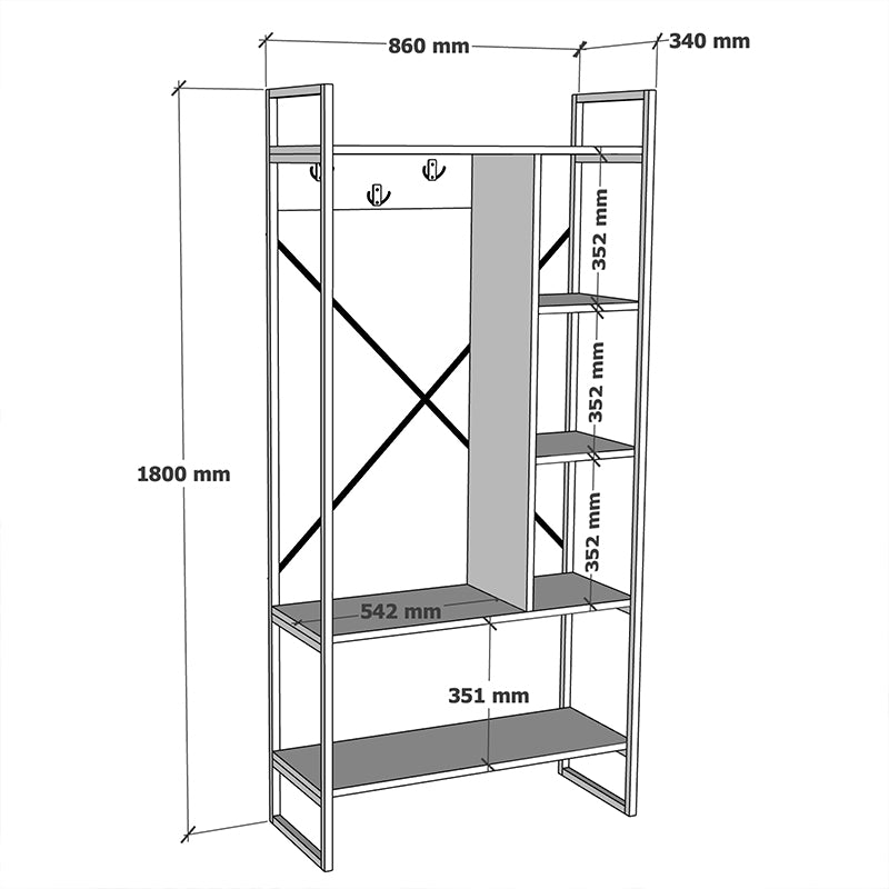Мебели за антре Feranda с дъбови рафтове и черна метална рамка 88x34x180см