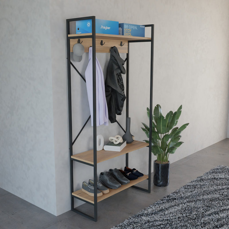 Мебел за вход антре / дъб, с черна метална рамка, 88x34x180 см