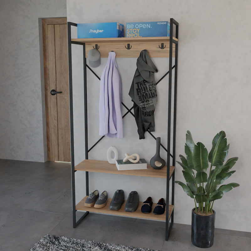 Мебел за вход антре / дъб, с черна метална рамка, 88x34x180 см