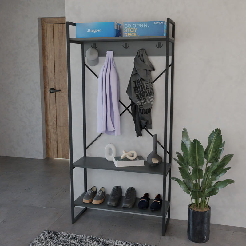 Мебел за вход Levento / антрацит, с черна метална рамка, 88x34x180 см