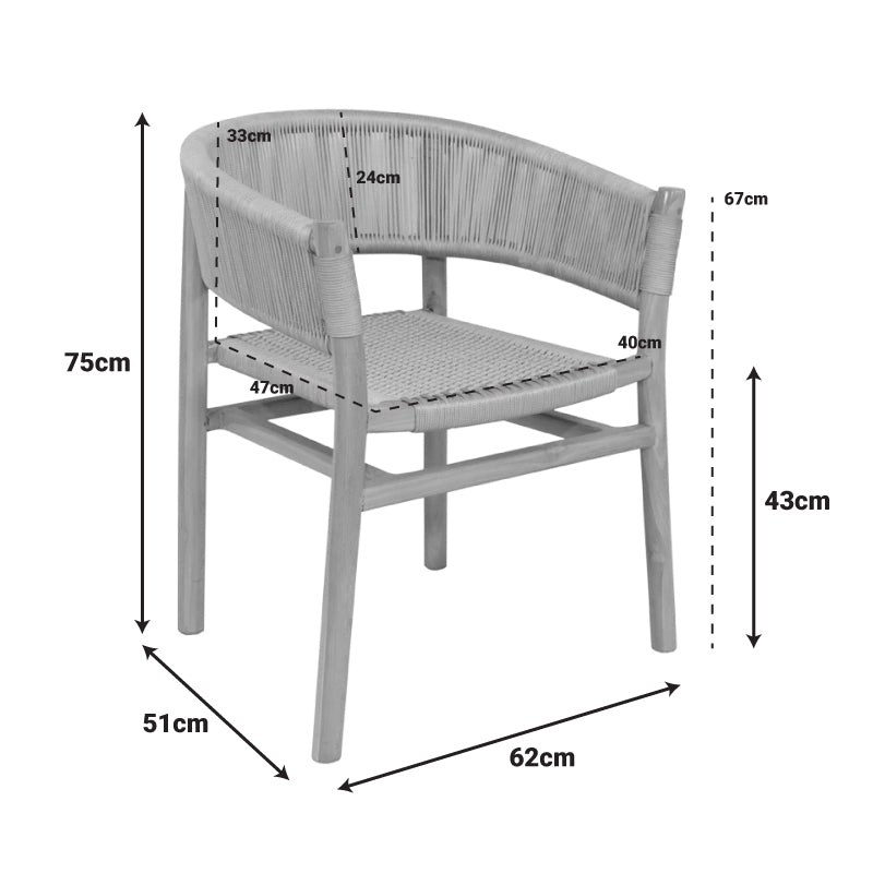 Kajone фотьойл тиково дърво скелет в естествен нюанс и кремаво пе въже 62x55x75cm