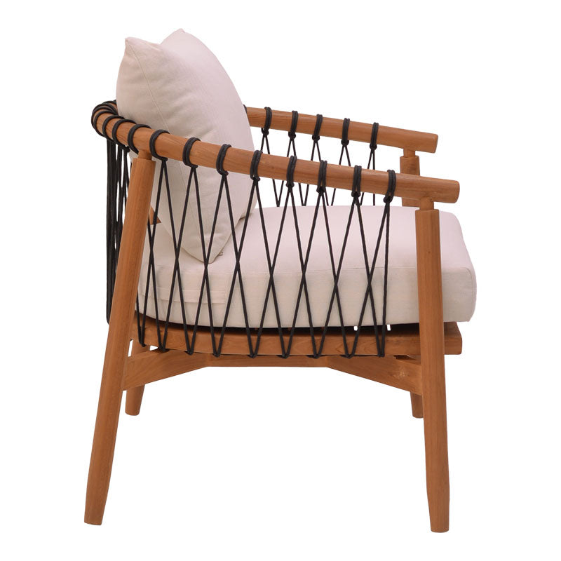 Фотьойл Haibo естествено тиково дърво-черно въже-бяла възглавница 80x75x72см