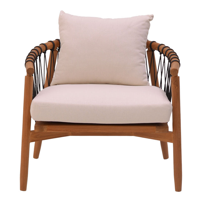 Фотьойл Haibo естествено тиково дърво-черно въже-бяла възглавница 80x75x72см