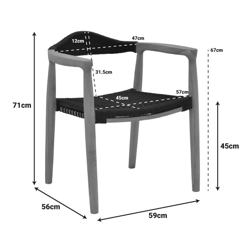 Фотьойл Ganny тиково дърво и пе въже в черен нюанс 59x56x71см