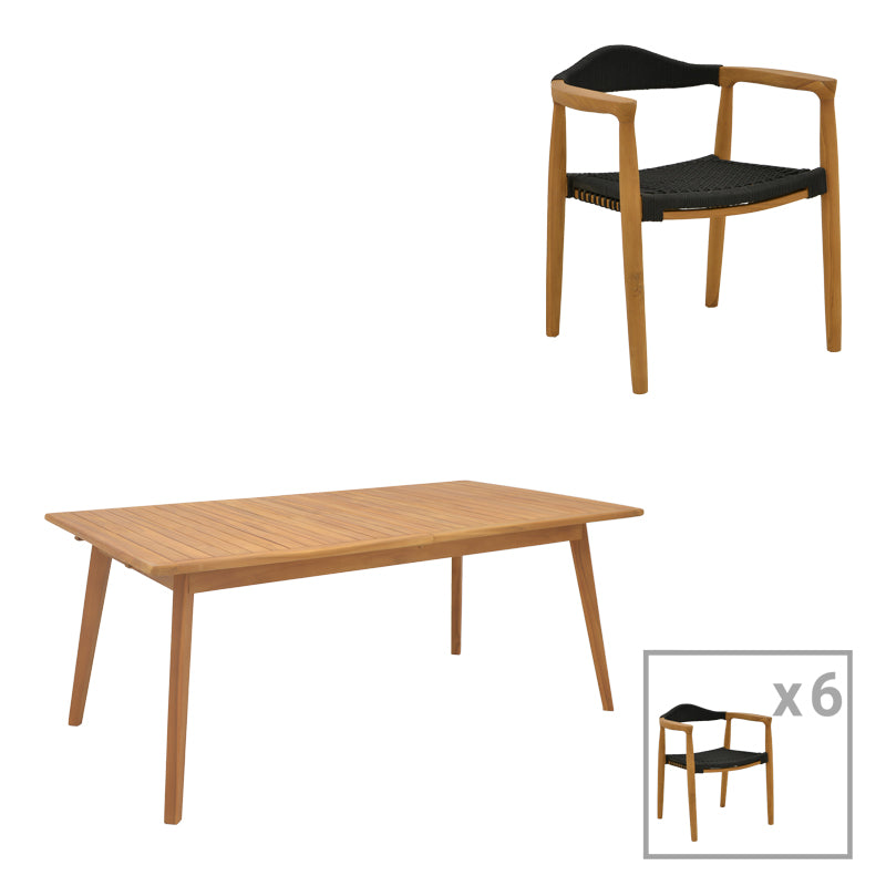 Трапезен комплект 7 бр Ganny-Pino тиково дърво в натурален - черен нюанс с маса 180/240x100x75см