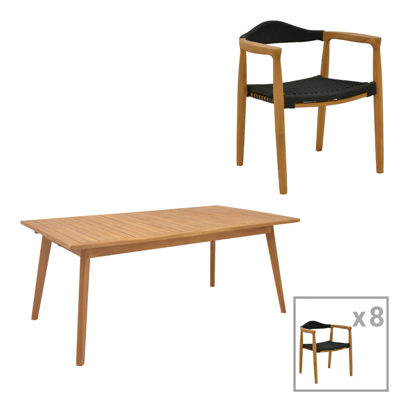 Трапезен комплект 9 бр Ganny-Pino тиково дърво в естествено - черен нюанс с маса 180/240x100x75см