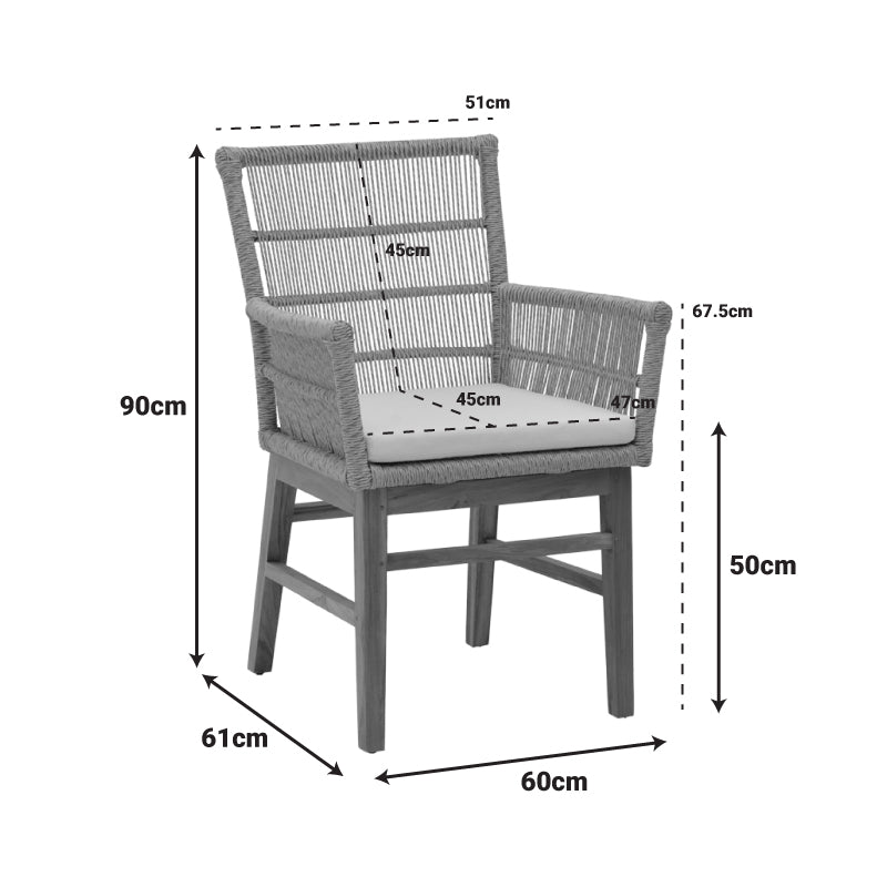 Inca фотьойл тиково дърво и синтетично въже в естествено-черен нюанс с възглавница 60x61x90см