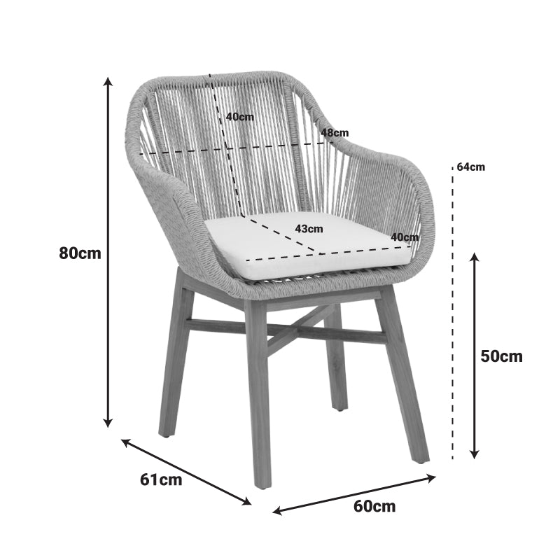 Кресло Kalie тиково дърво и пе въже в естествен бежов нюанс с възглавница 60x61x80см