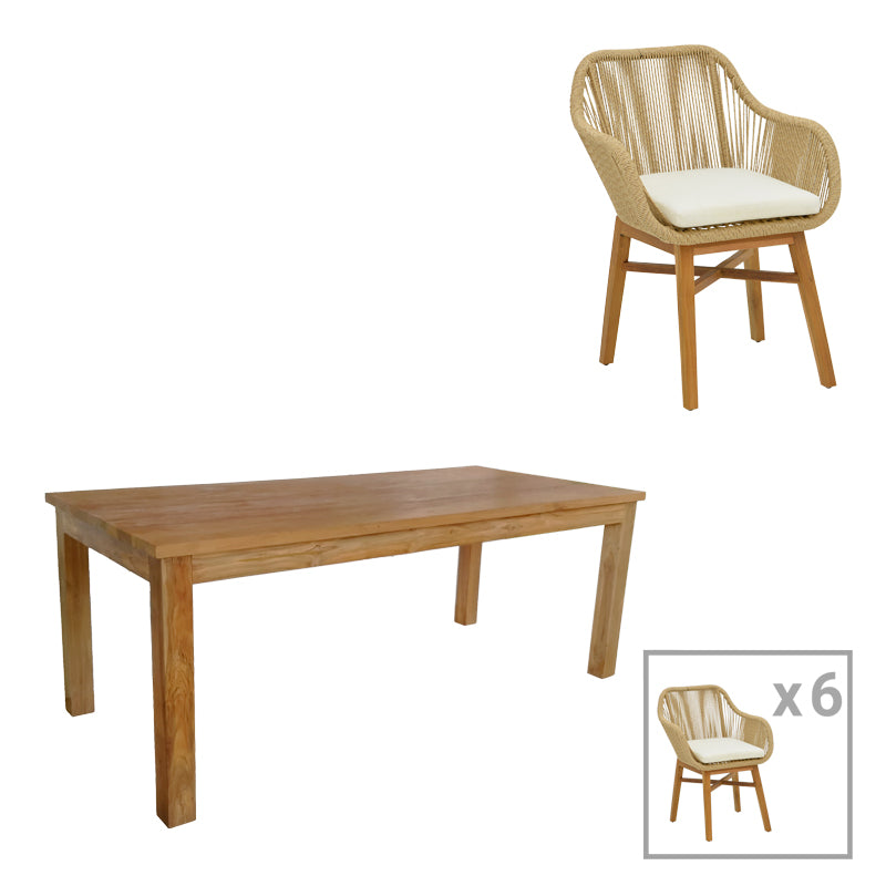 Трапезен комплект Kalie-Wooly   7 бр в естествено-бежов нюанс с маса 220x90x75см