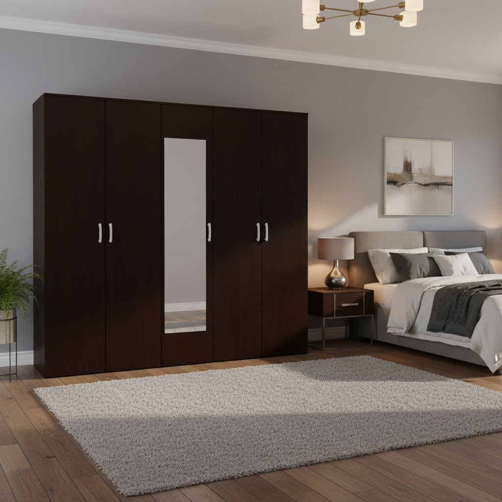Петкрилен гардероб LUNA с огледало цвят венге 220х52х200см