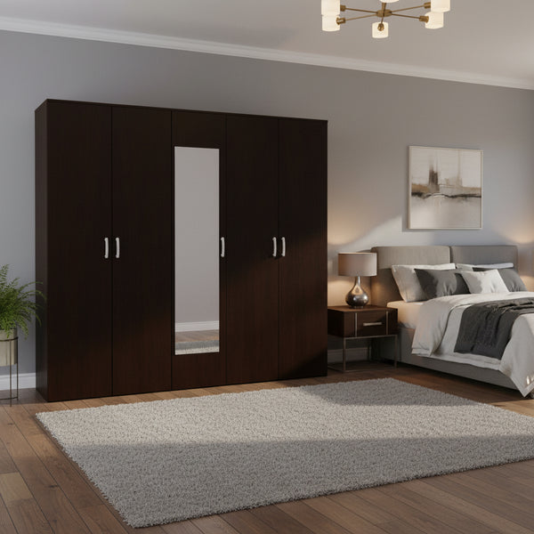 Петкрилен гардероб LUNA с огледало цвят венге 220х52х200см