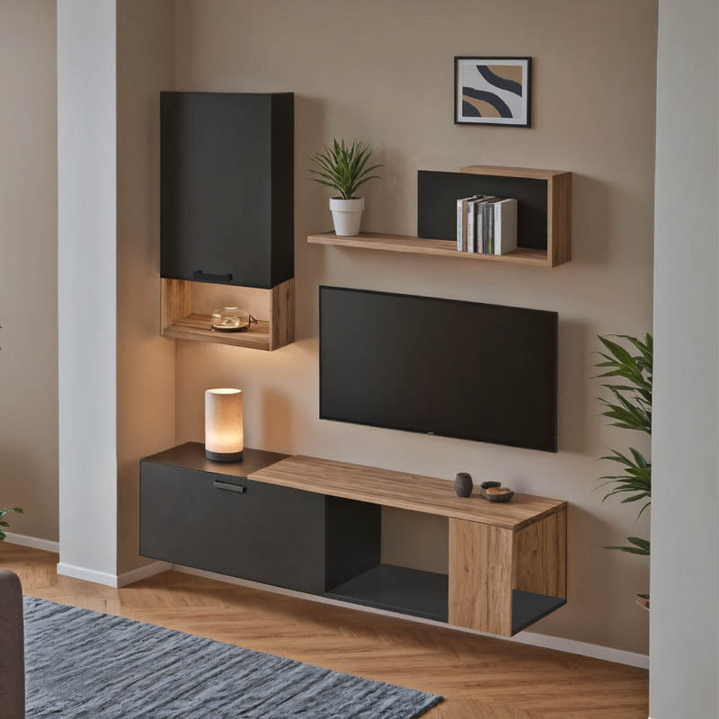 Комплект рафтове за хол Poelfy цвят тъмносив-дъб 170x37.5x42см