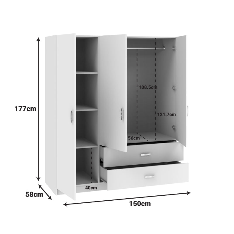 Трикрилен гардероб ROYAL бял 150x58x177см