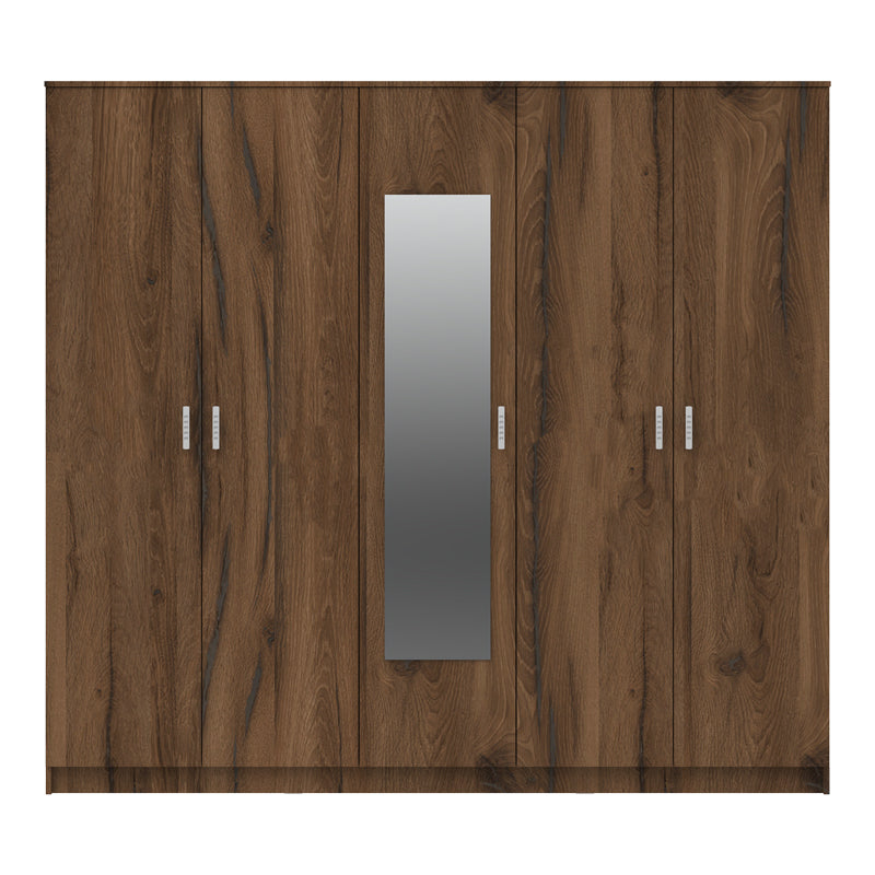 Гардероб Luna с пет крила и огледало в цвят орех-дъб 220x52x200см