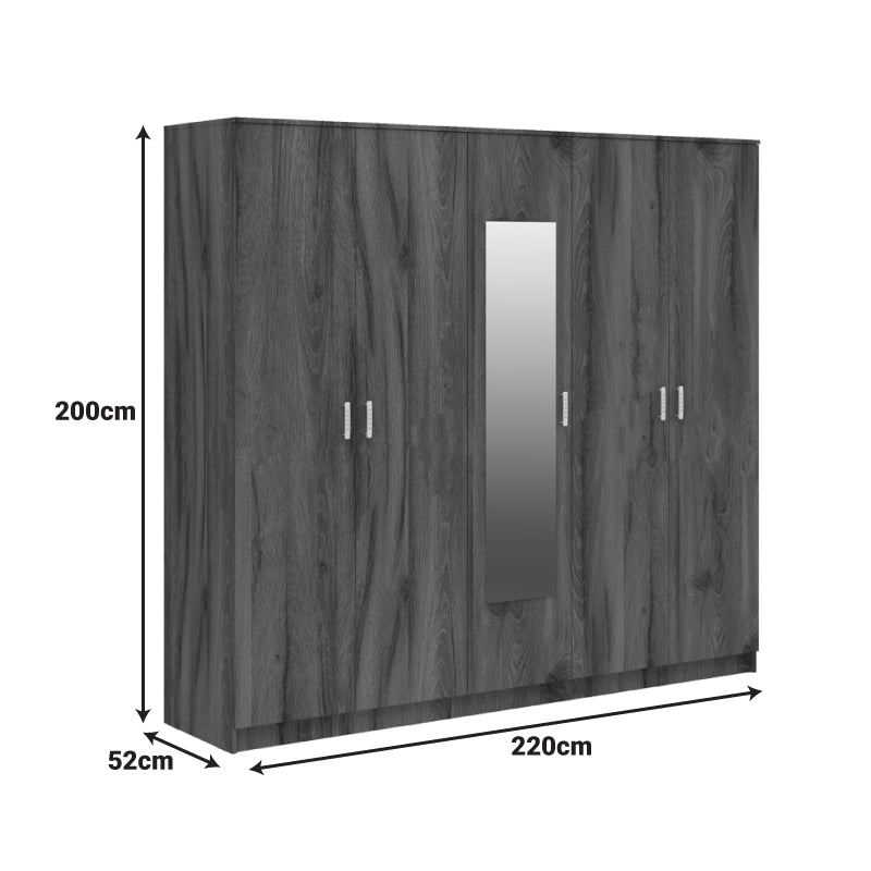 Гардероб Luna с пет крила и огледало в цвят орех-дъб 220x52x200см