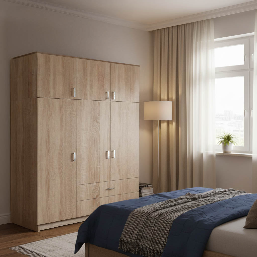 Трикрилен гардероб ROYAL с чекмеджета и тавански лофт сонома 150x58x230см