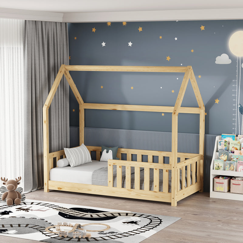 Детско легло Bambie с парапет Montessori тип борово дърво в естествен нюанс 70x140см