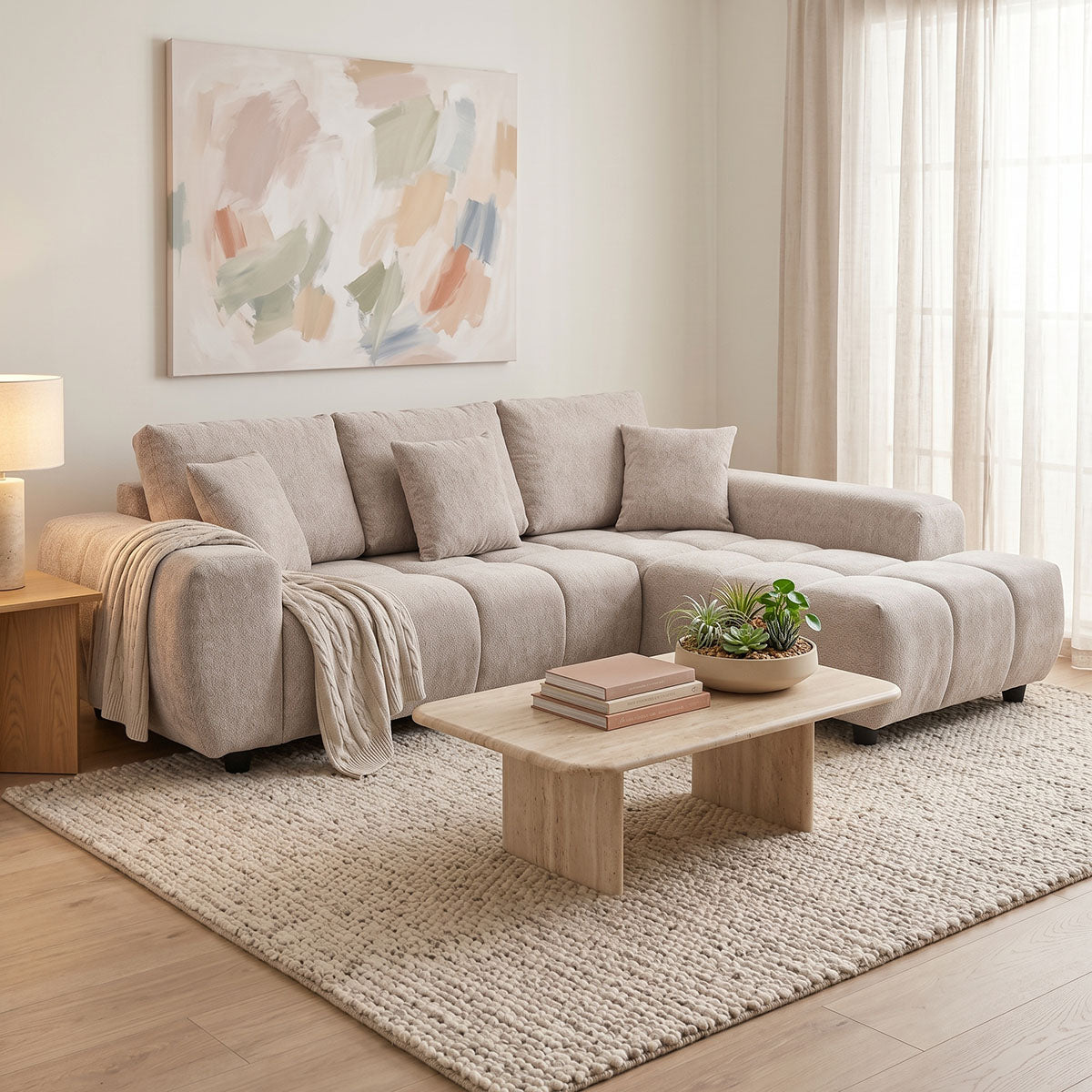 Ляв ъглов диван LONDE сив бежов плат 273x211x92см