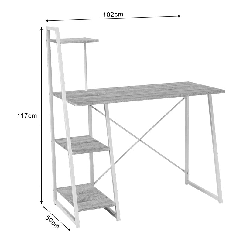 Офис бюро с рафтове Deckstor в цвят дъб с бели метални крака 102x50x117см