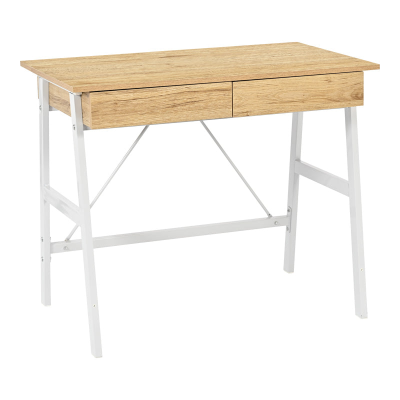 Офис бюро с чекмеджета Lione в цвят дъб с бели метални крака 90x50x75см